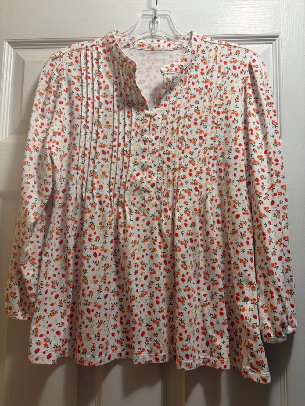 Lands' End White Tee with Pink Floral and Red Strawberry Accents